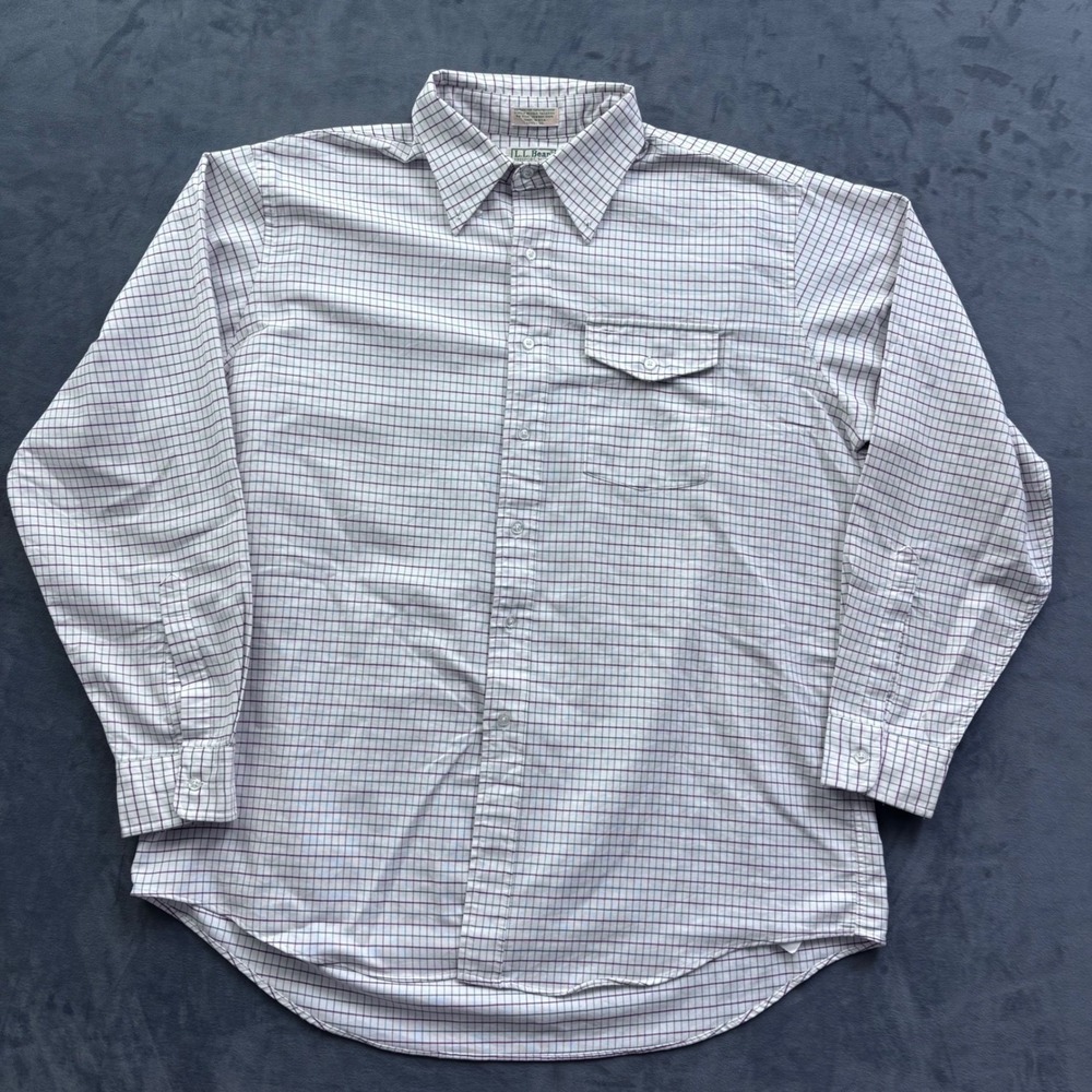 Vintage LL Bean Mens 17.5 x 35 Tattersall Check Button Down Shirt USA White